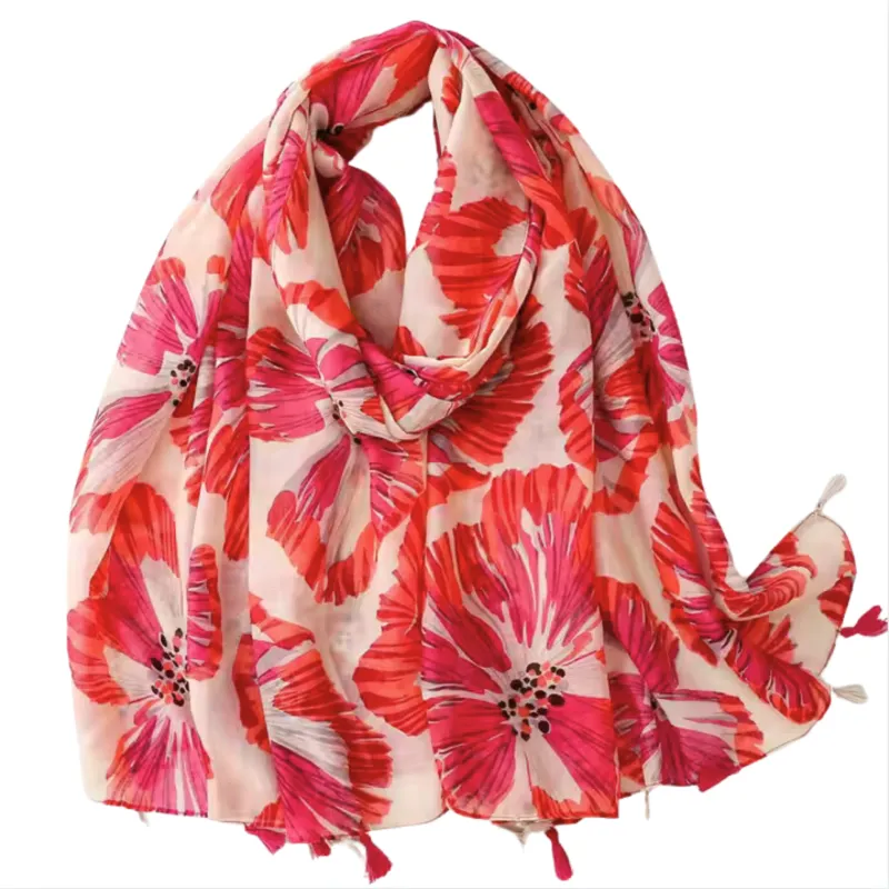 Vibrant Floral Print Scarf with Tassels sold by Zulily