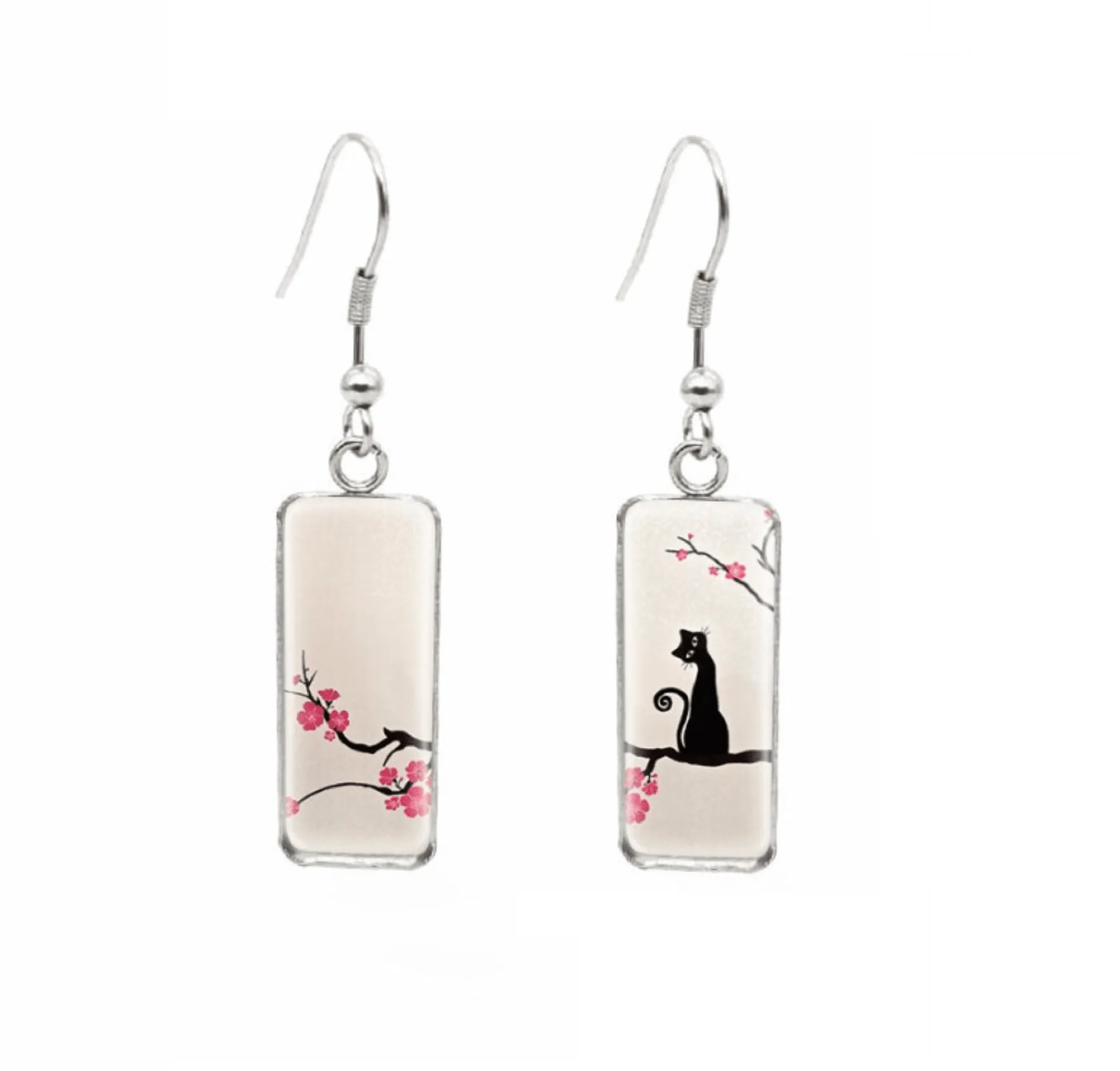 Don't AsK Rectangular Art-Print Drop Earrings – Black Cat & Cherry Blossoms – Lightweight Dangle Earrings for Women sold by Zulily