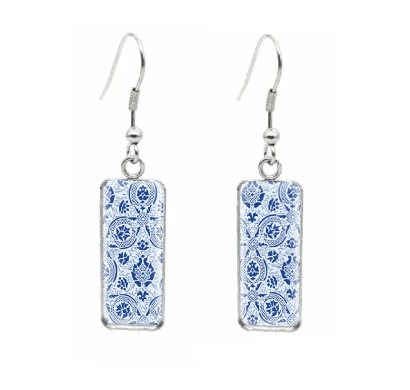 Don't AsK Rectangular Art-Print Drop Earrings – Blue White Arabesque – Lightweight Dangle Earrings for Women sold by Zulily