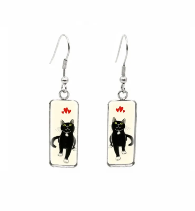 Don't AsK Rectangular Art-Print Drop Earrings – Black Cat with Hearts – Lightweight Dangle Earrings for Women sold by Zulily