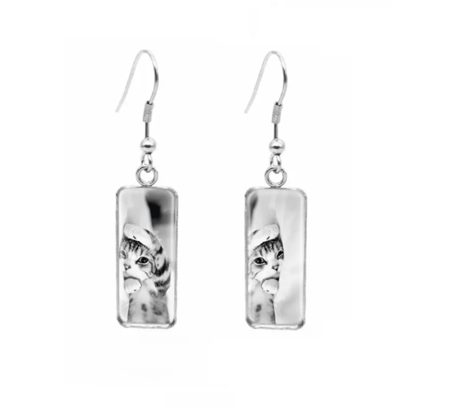 Don't AsK Rectangular Art-Print Drop Earrings – B&W Cuddly Cat – Lightweight Dangle Earrings for Women sold by Zulily