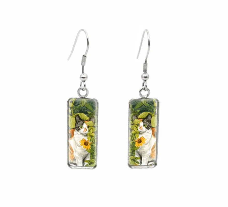 Don't AsK Rectangular Art-Print Drop Earrings – Cat in Sunflowers – Lightweight Dangle Earrings for Women sold by Zulily