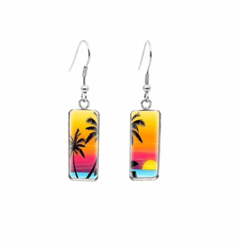 Don't AsK Rectangular Art-Print Drop Earrings – Palm Trees at Sunset – Lightweight Dangle Earrings for Women sold by Zulily