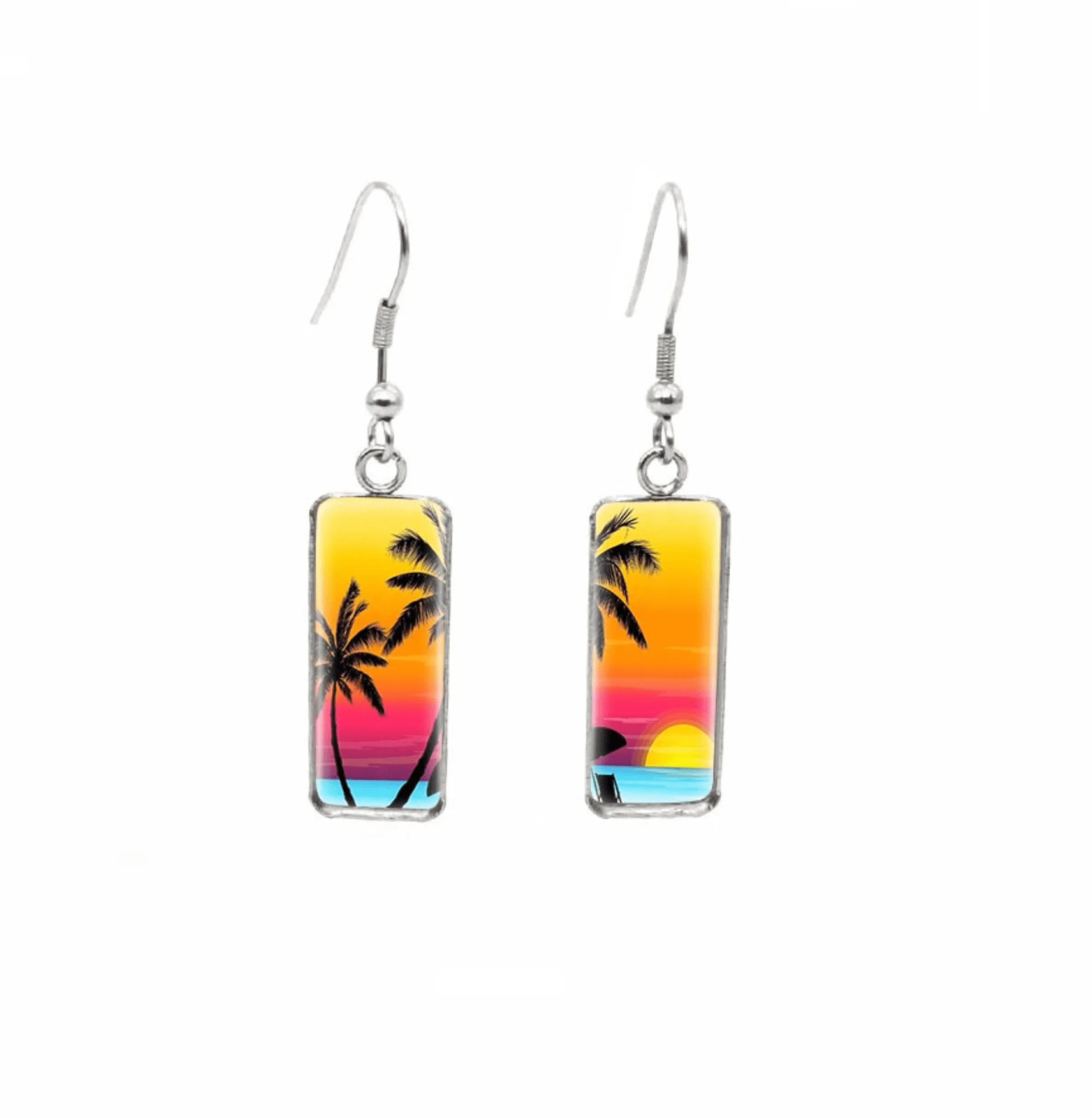 Don't AsK Rectangular Art-Print Drop Earrings – Palm Trees at Sunset – Lightweight Dangle Earrings for Women sold by Zulily