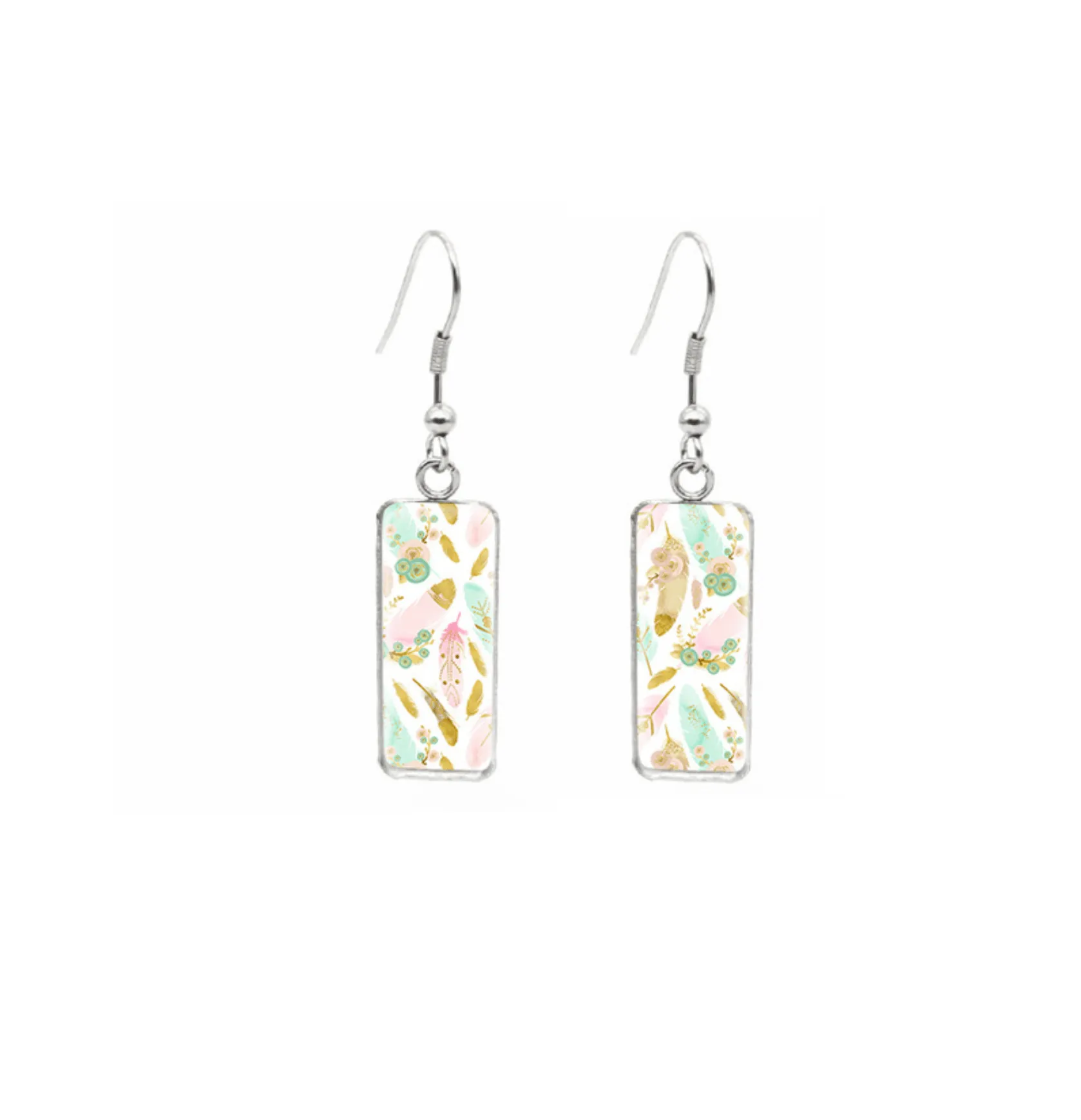 Don't AsK Rectangular Art-Print Drop Earrings – Gold Pastel Feathers – Lightweight Dangle Earrings for Women sold by Zulily