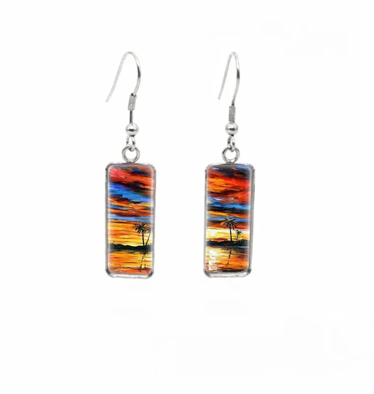 Don't AsK Rectangular Art-Print Drop Earrings – Sunset Palm Trees – Lightweight Dangle Earrings for Women sold by Zulily