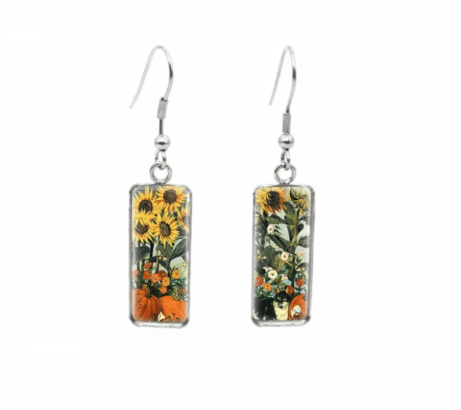 Don't AsK Rectangular Art-Print Drop Earrings – Cat in Sunflower Field – Lightweight Dangle Earrings for Women sold by Zulily