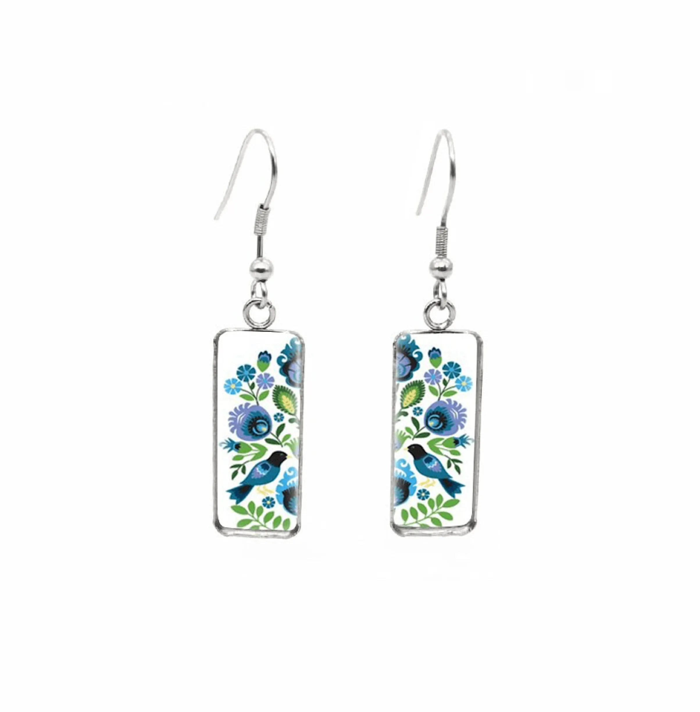 Don't AsK Rectangular Art-Print Drop Earrings – Blue Floral Birds – Lightweight Dangle Earrings for Women sold by Zulily