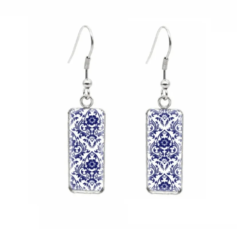 Don't AsK Rectangular Art-Print Drop Earrings – Blue Floral Filigree – Lightweight Dangle Earrings for Women sold by Zulily