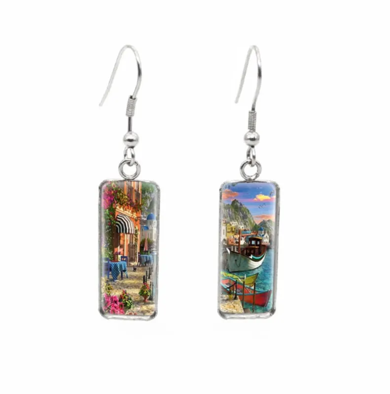 Don't AsK Rectangular Art-Print Drop Earrings – Boat on the Coast – Lightweight Dangle Earrings for Women sold by Zulily
