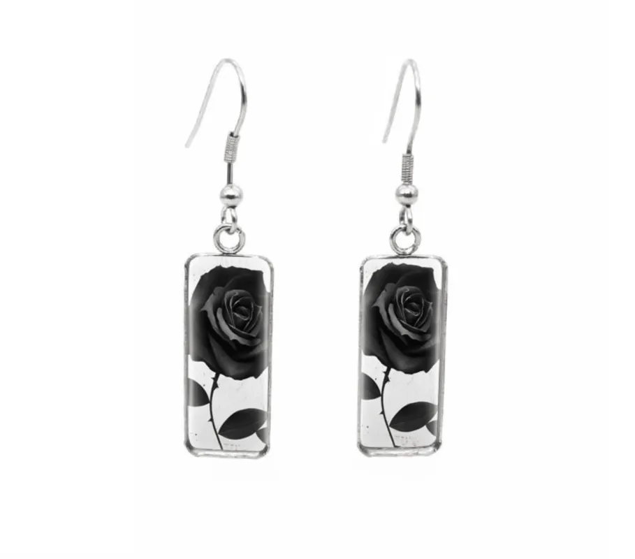 Don't AsK Rectangular Art-Print Drop Earrings – Black Rose – Lightweight Dangle Earrings for Women sold by Zulily