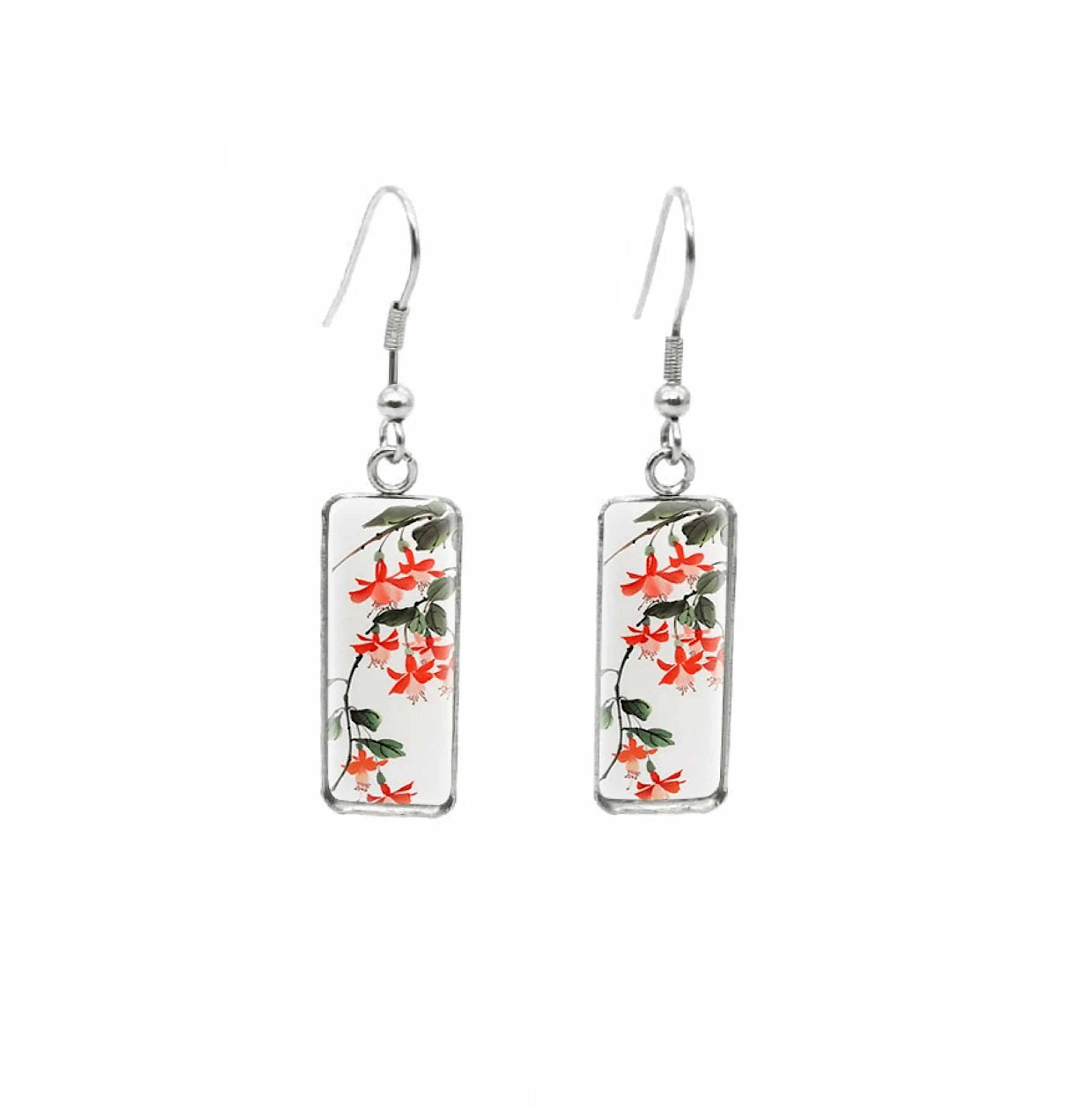Don't AsK Rectangular Art-Print Drop Earrings – Red Flowers on Vine – Lightweight Dangle Earrings for Women sold by Zulily