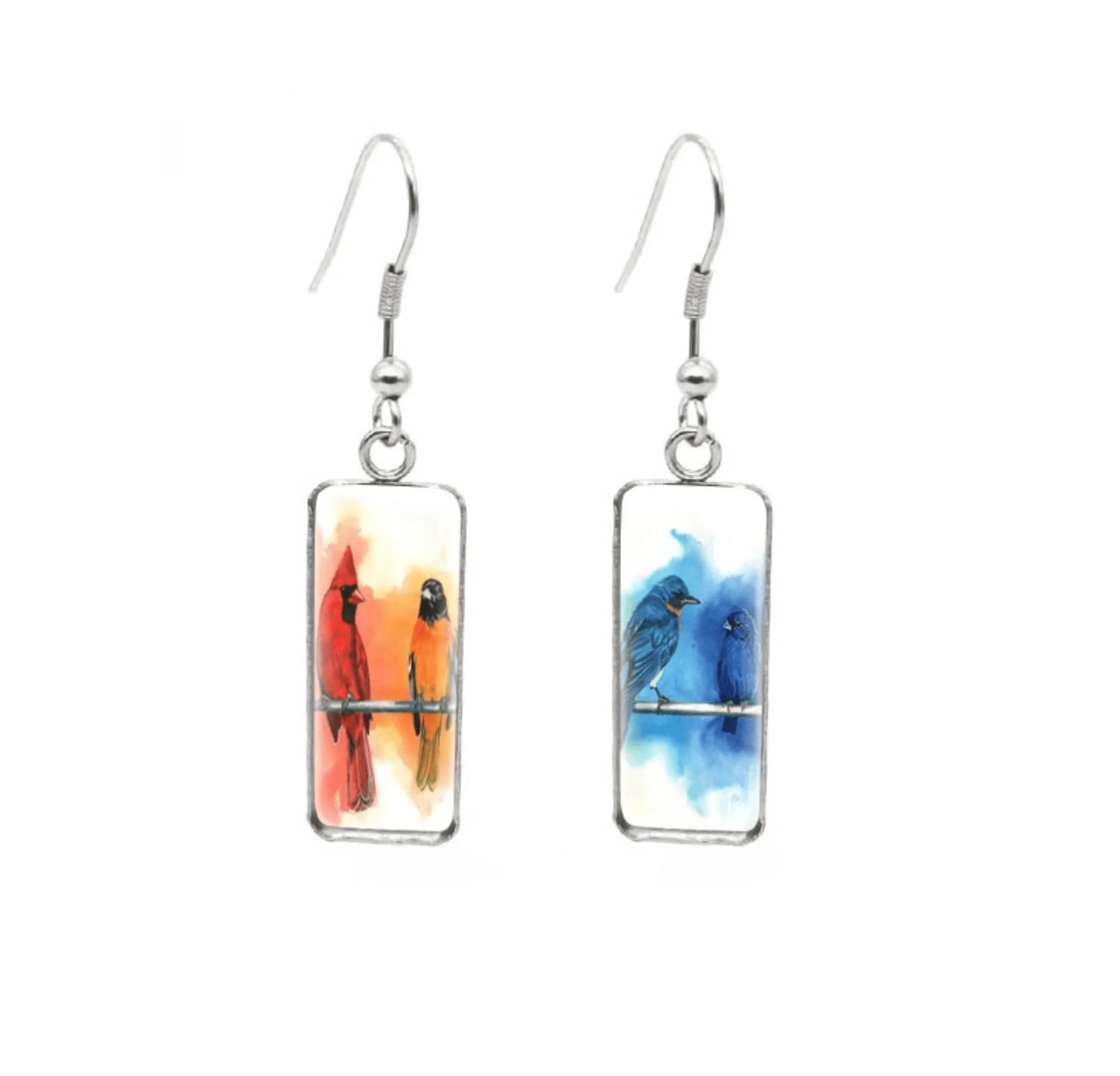 Don't AsK Rectangular Art-Print Drop Earrings – Red & Blue Birds – Lightweight Dangle Earrings for Women sold by Zulily