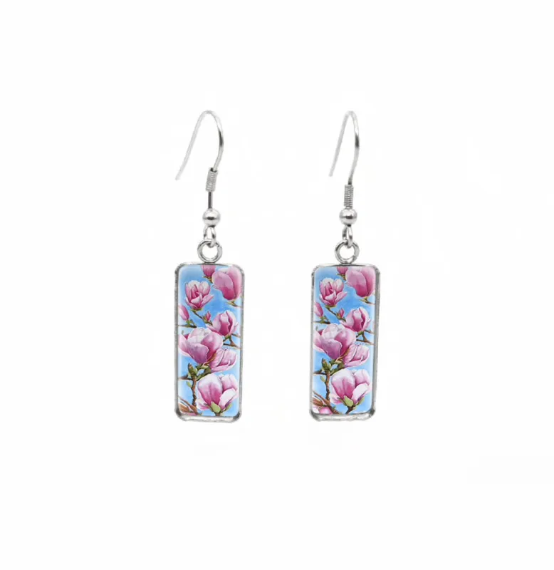 Don't AsK Rectangular Art-Print Drop Earrings – Pink Flowers – Lightweight Dangle Earrings for Women sold by Zulily