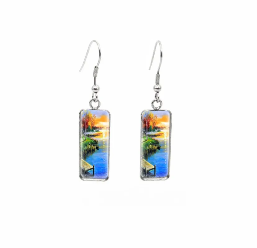 Don't AsK Rectangular Art-Print Drop Earrings – Sunset at the Dock – Lightweight Dangle Earrings for Women sold by Zulily