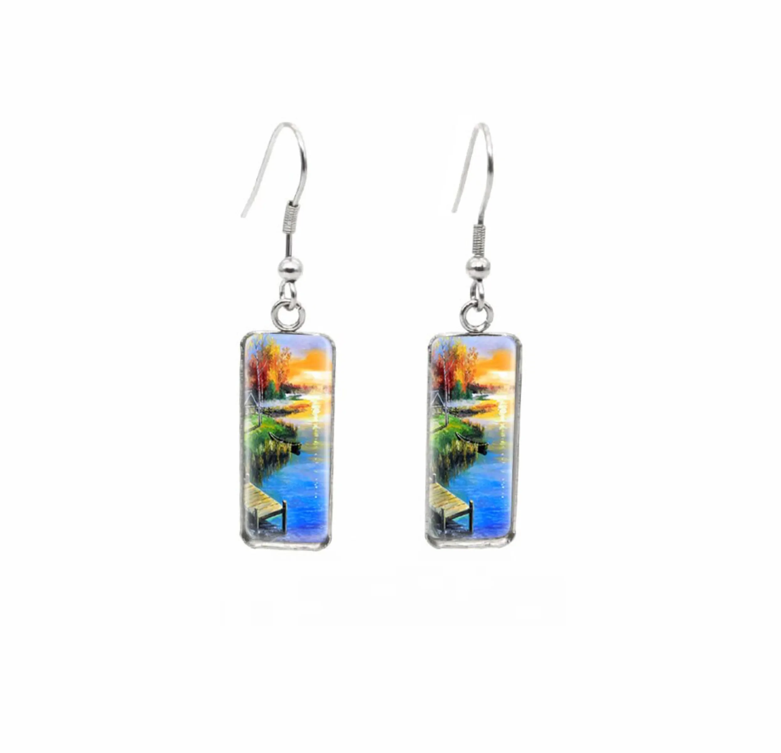 Don't AsK Rectangular Art-Print Drop Earrings – Sunset at the Dock – Lightweight Dangle Earrings for Women sold by Zulily
