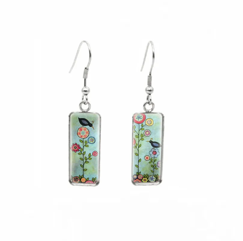 Don't AsK Rectangular Art-Print Drop Earrings – Green Floral Birds – Lightweight Dangle Earrings for Women sold by Zulily
