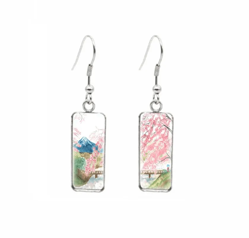 Don't AsK Rectangular Art-Print Drop Earrings – Cherry Blossoms & Mountain – Lightweight Dangle Earrings for Women sold by Zulily