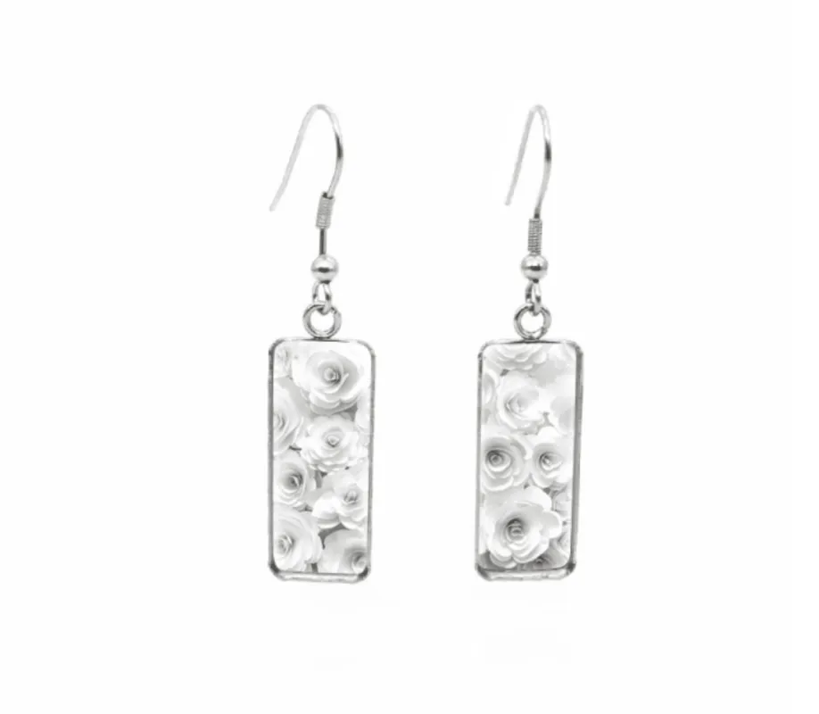 Don't AsK Rectangular Art-Print Drop Earrings – White Roses – Lightweight Dangle Earrings for Women sold by Zulily