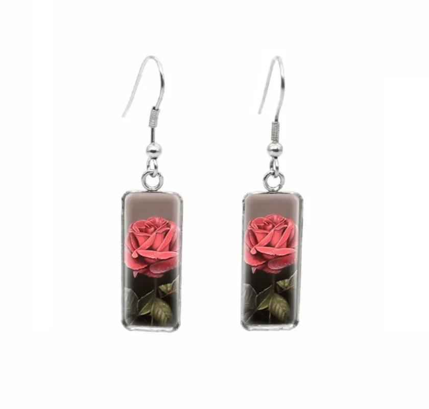 Don't AsK Rectangular Art-Print Drop Earrings – Pink Rose – Lightweight Dangle Earrings for Women sold by Zulily