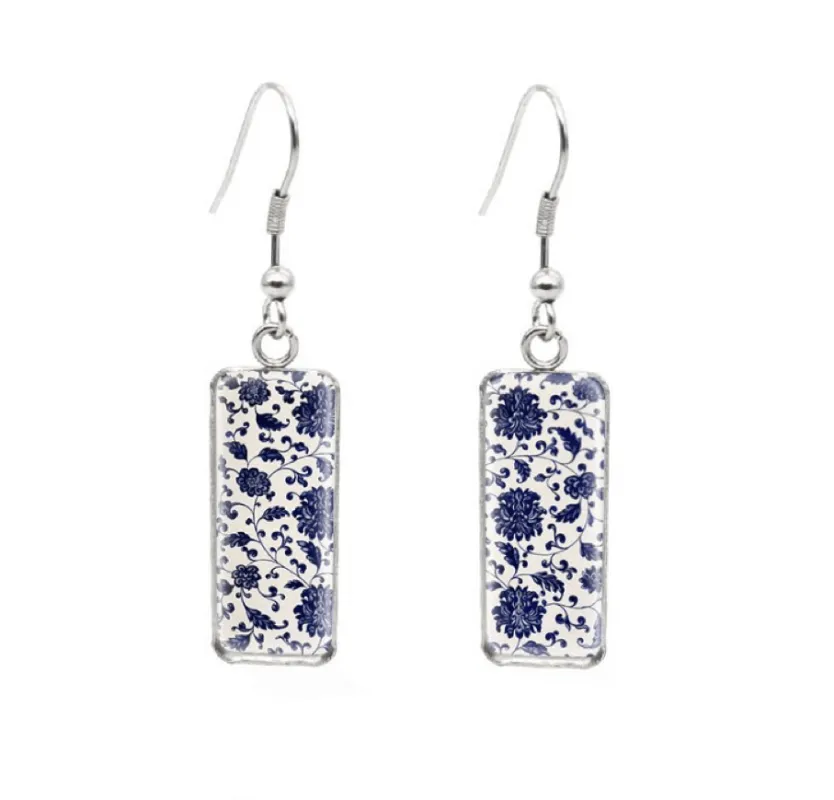 Don't AsK Rectangular Art-Print Drop Earrings – Vintage Blue Floral – Lightweight Dangle Earrings for Women sold by Zulily