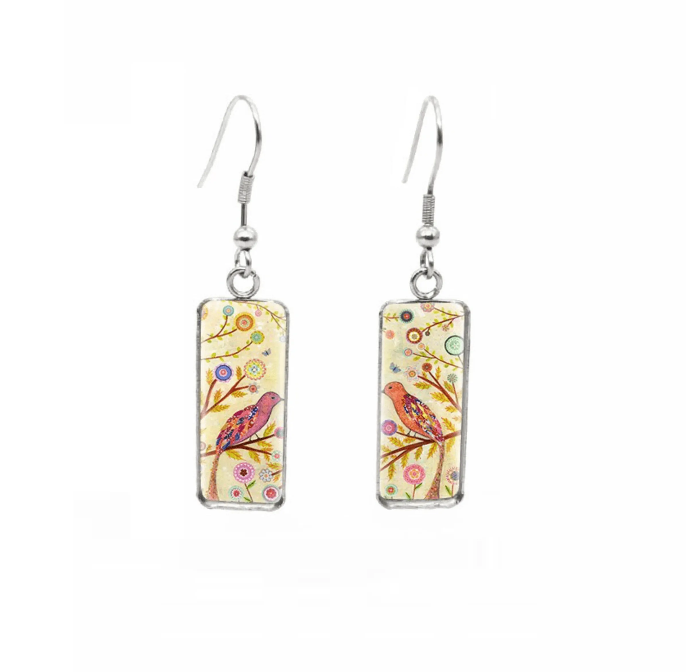 Don't AsK Rectangular Art-Print Drop Earrings – Multi Floral Birds – Lightweight Dangle Earrings for Women sold by Zulily