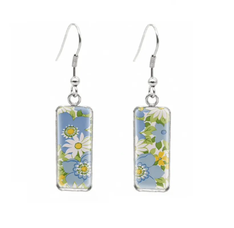 Don't AsK Rectangular Art-Print Drop Earrings – Blue & White Flowers – Lightweight Dangle Earrings for Women sold by Zulily