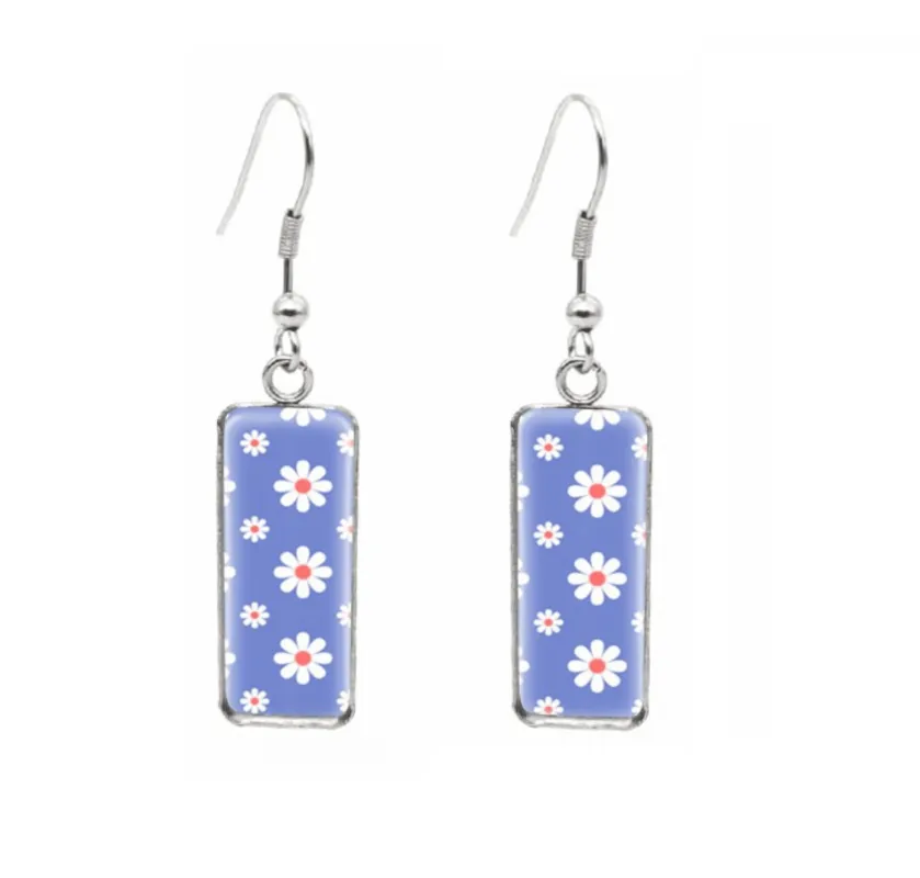 Don't AsK Rectangular Art-Print Drop Earrings – Retro Daisies – Lightweight Dangle Earrings for Women sold by Zulily