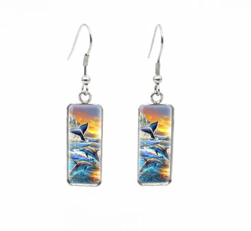 Don't AsK Rectangular Art-Print Drop Earrings – Dolphins at Sunset – Lightweight Dangle Earrings for Women sold by Zulily