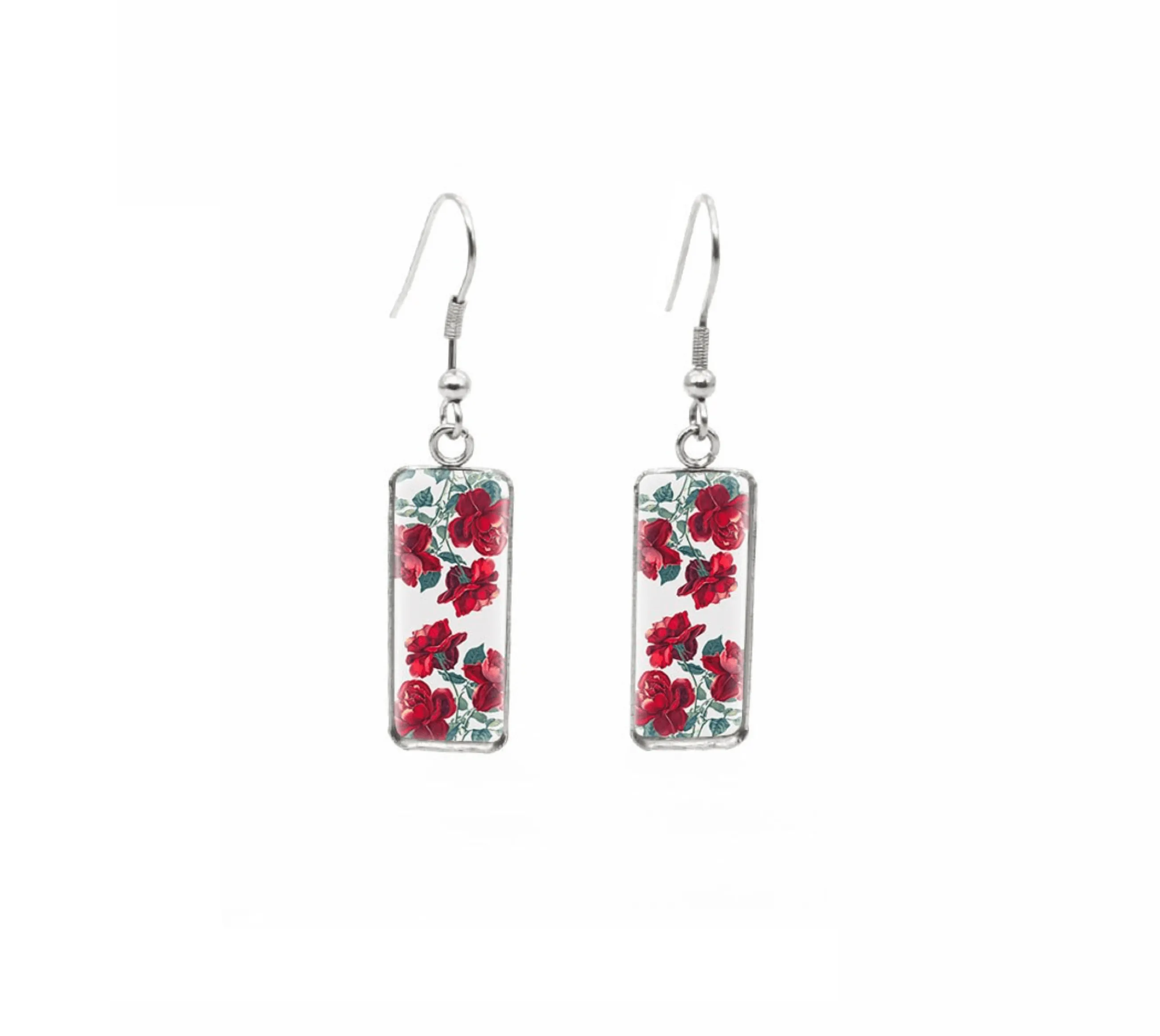 Don't AsK Rectangular Art-Print Drop Earrings – Red Flowers – Lightweight Dangle Earrings for Women sold by Zulily