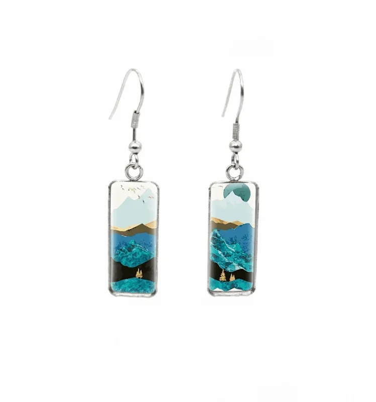 Don't AsK Rectangular Art-Print Drop Earrings – Blue Mountainscape – Lightweight Dangle Earrings for Women sold by Zulily
