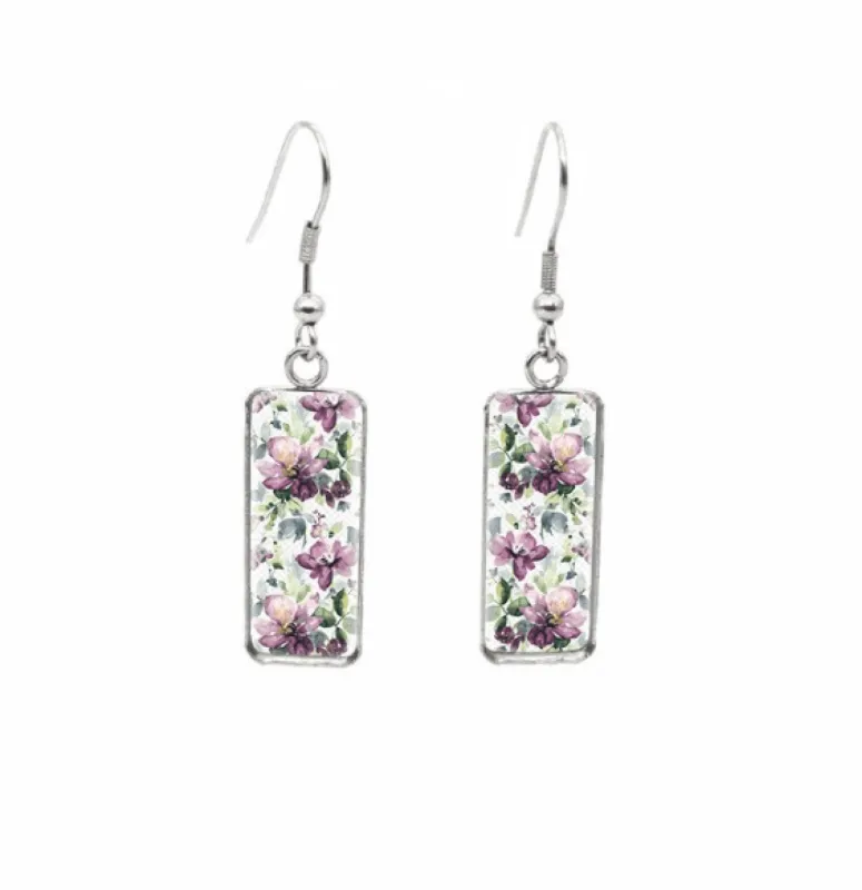 Don't AsK Rectangular Art-Print Drop Earrings – Purple & Green Floral – Lightweight Dangle Earrings for Women sold by Zulily