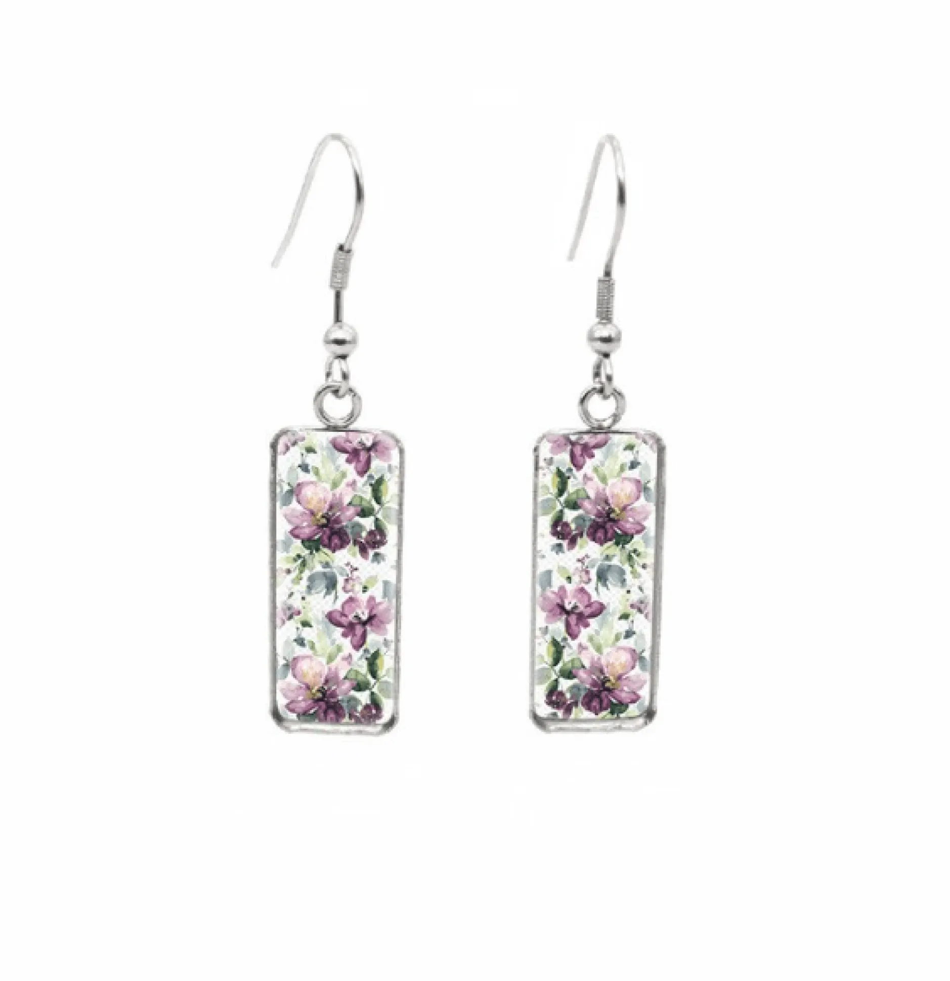 Don't AsK Rectangular Art-Print Drop Earrings – Purple & Green Floral – Lightweight Dangle Earrings for Women sold by Zulily
