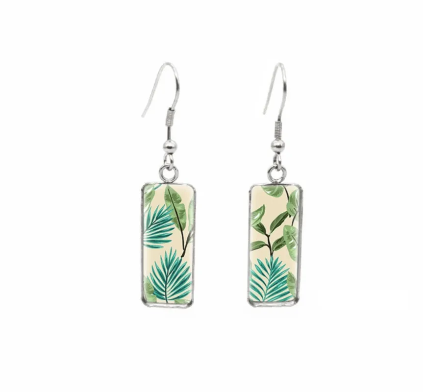 Don't AsK Rectangular Art-Print Drop Earrings – Green Leaves – Lightweight Dangle Earrings for Women sold by Zulily