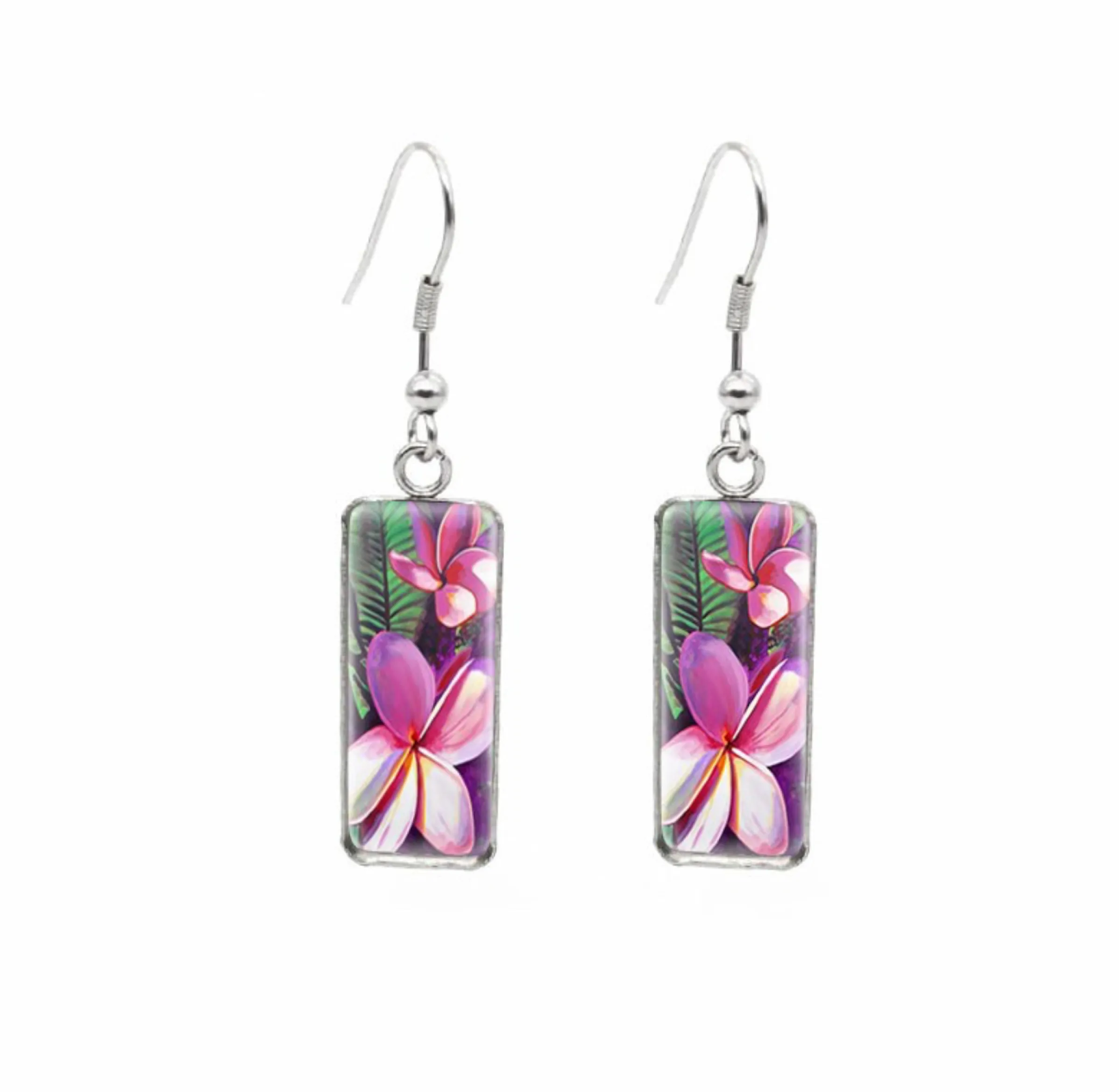 Don't AsK Rectangular Art-Print Drop Earrings – Pink Tropical Flowers – Lightweight Dangle Earrings for Women sold by Zulily
