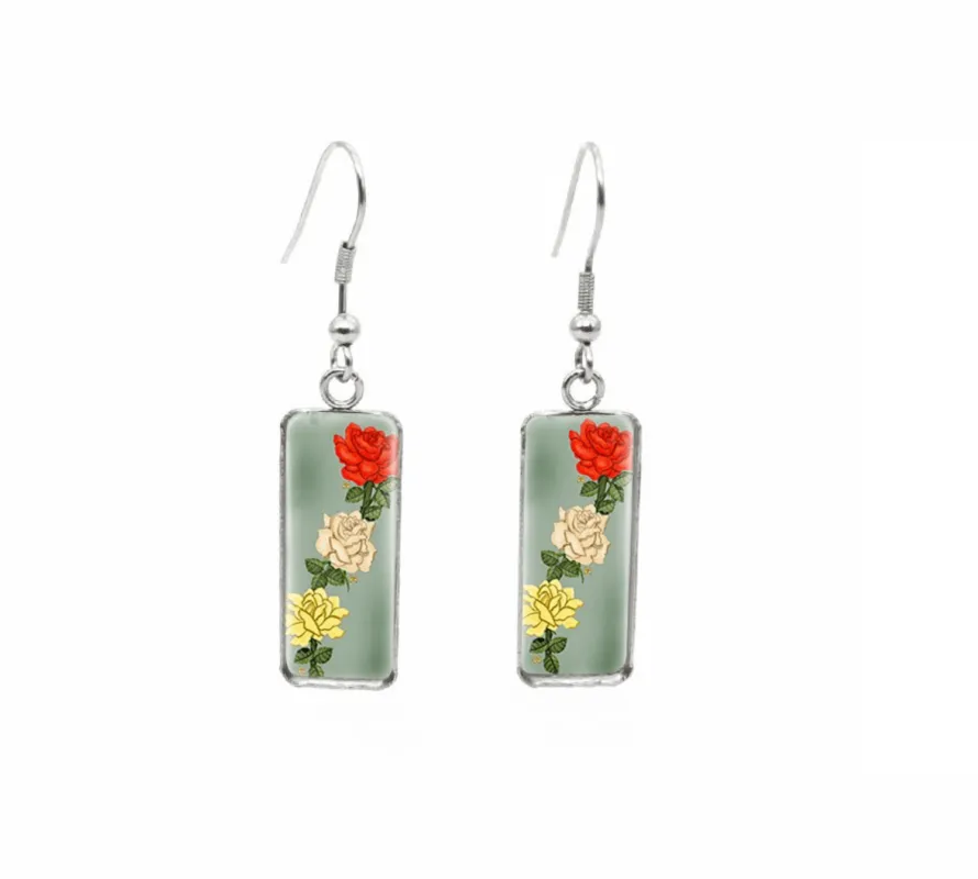 Don't AsK Rectangular Art-Print Drop Earrings – Red White & Yellow Flowers – Lightweight Dangle Earrings for Women sold by Zulily