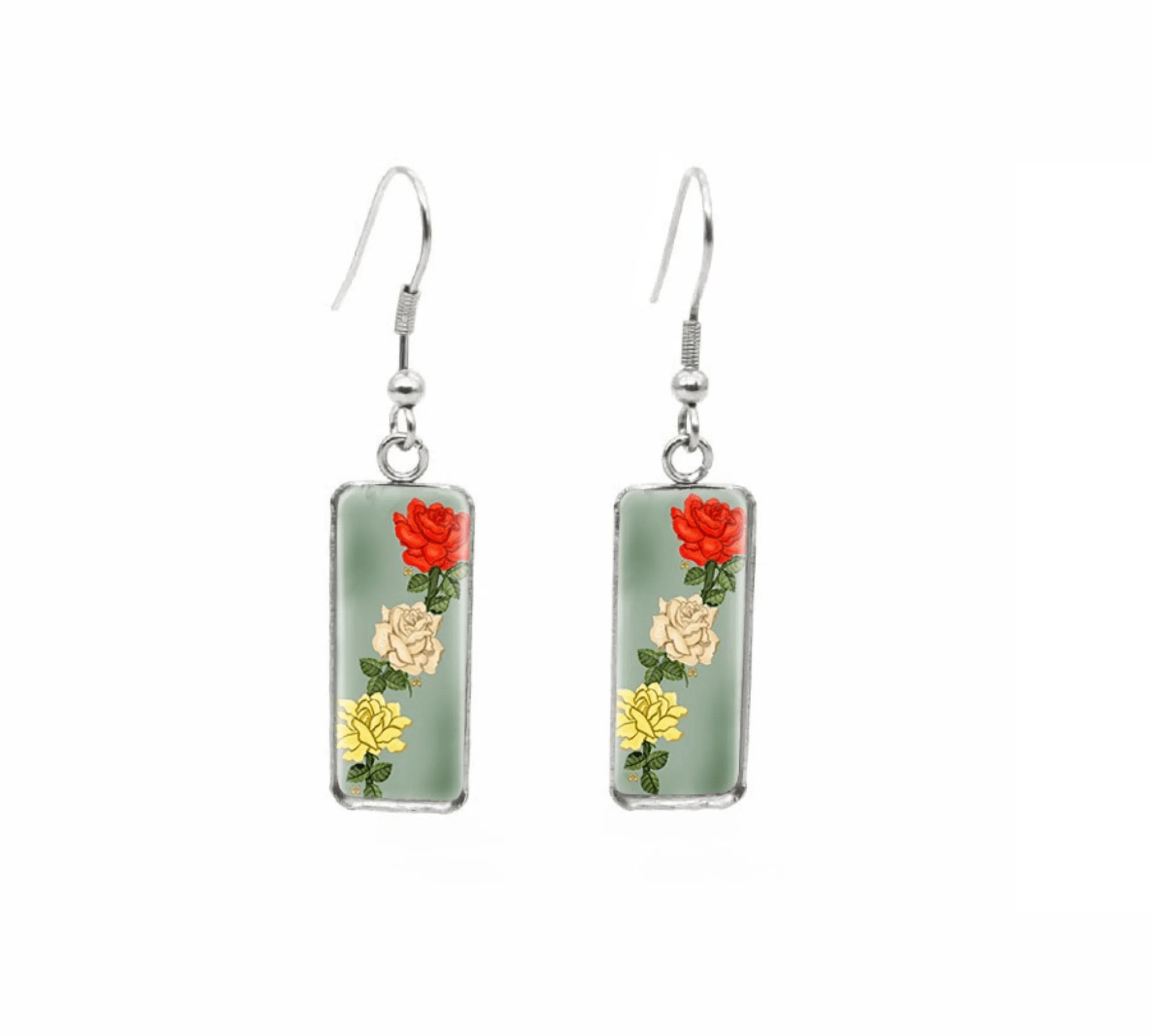 Don't AsK Rectangular Art-Print Drop Earrings – Red White & Yellow Flowers – Lightweight Dangle Earrings for Women sold by Zulily