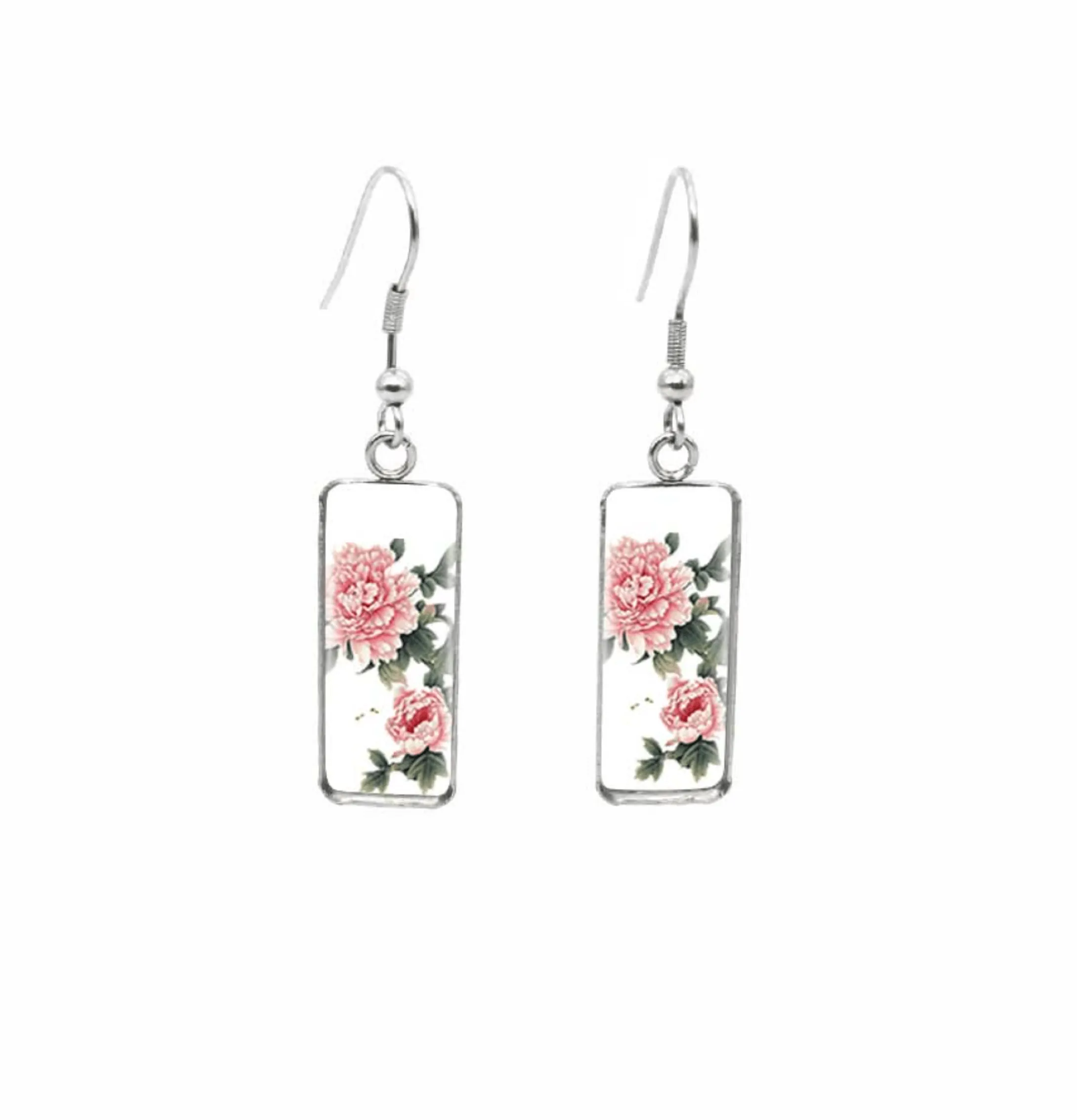 Don't AsK Rectangular Art-Print Drop Earrings – Pink Peonies – Lightweight Dangle Earrings for Women sold by Zulily