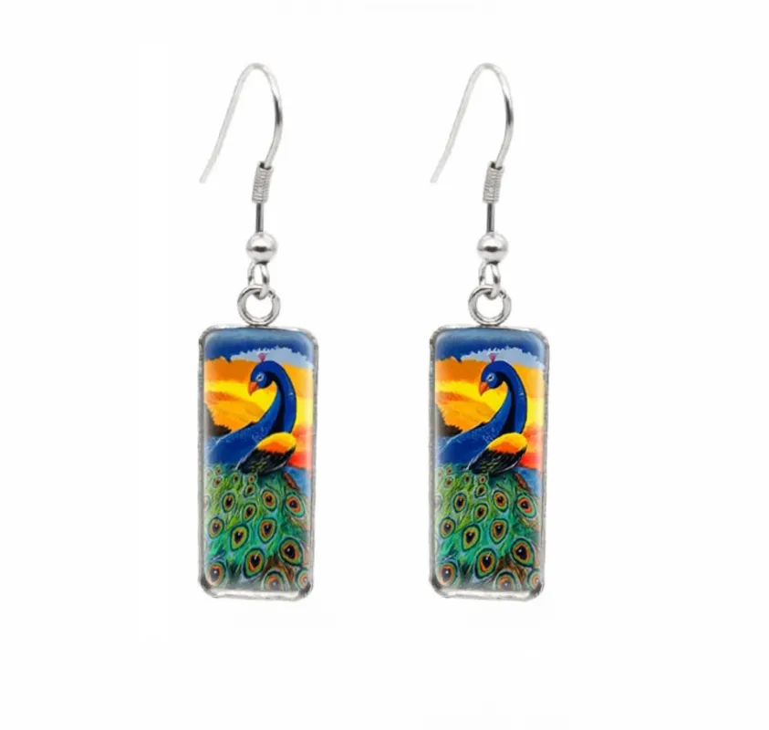 Don't AsK Rectangular Art-Print Drop Earrings – Colourful Peacock – Lightweight Dangle Earrings for Women sold by Zulily