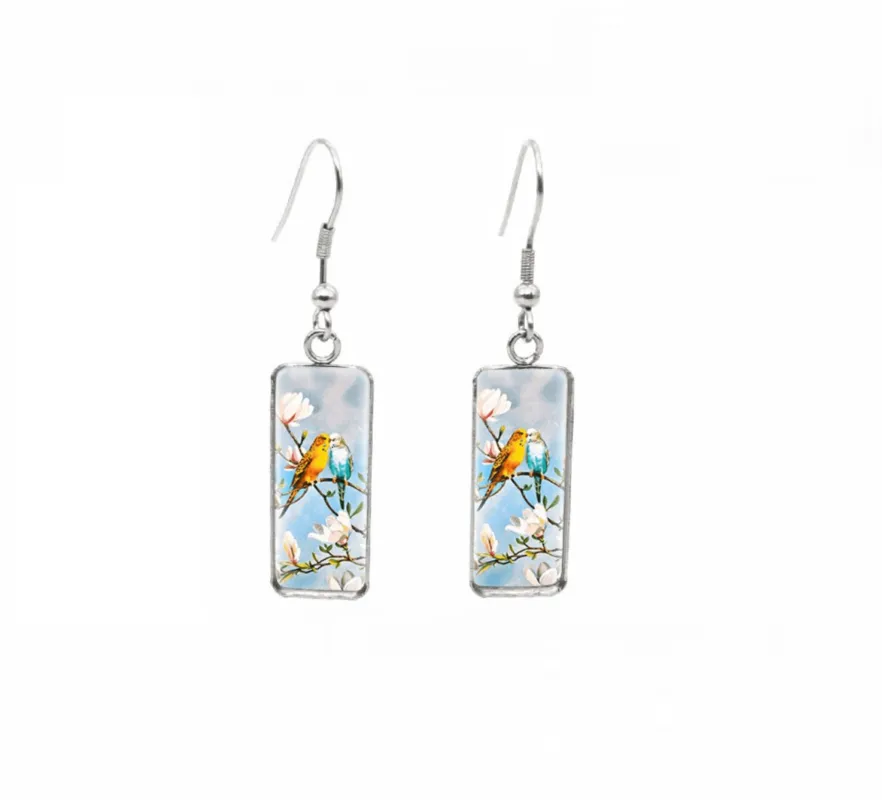 Don't AsK Rectangular Art-Print Drop Earrings – Birds on Floral Branch – Lightweight Dangle Earrings for Women sold by Zulily