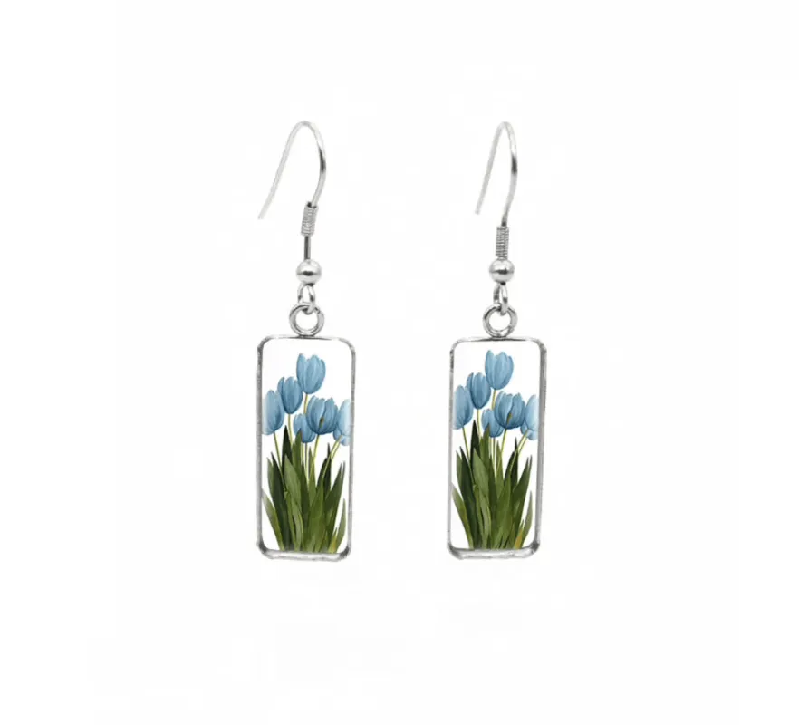 Don't AsK Rectangular Art-Print Drop Earrings – Blue Tulips – Lightweight Dangle Earrings for Women sold by Zulily
