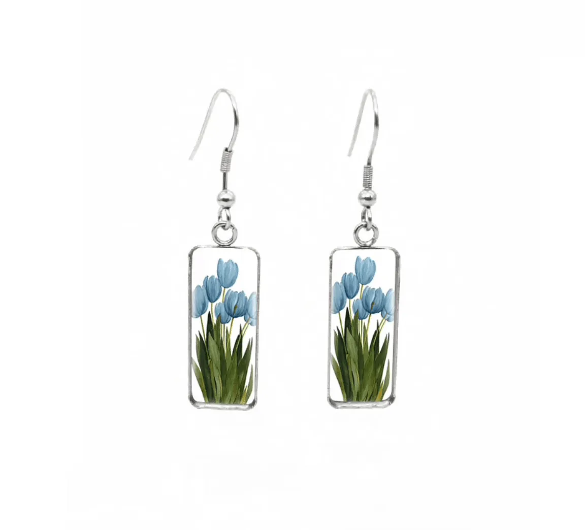 Don't AsK Rectangular Art-Print Drop Earrings – Blue Tulips – Lightweight Dangle Earrings for Women sold by Zulily