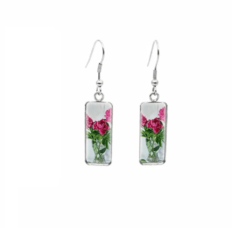 Don't AsK Rectangular Art-Print Drop Earrings – Fuchsia Roses – Lightweight Dangle Earrings for Women sold by Zulily