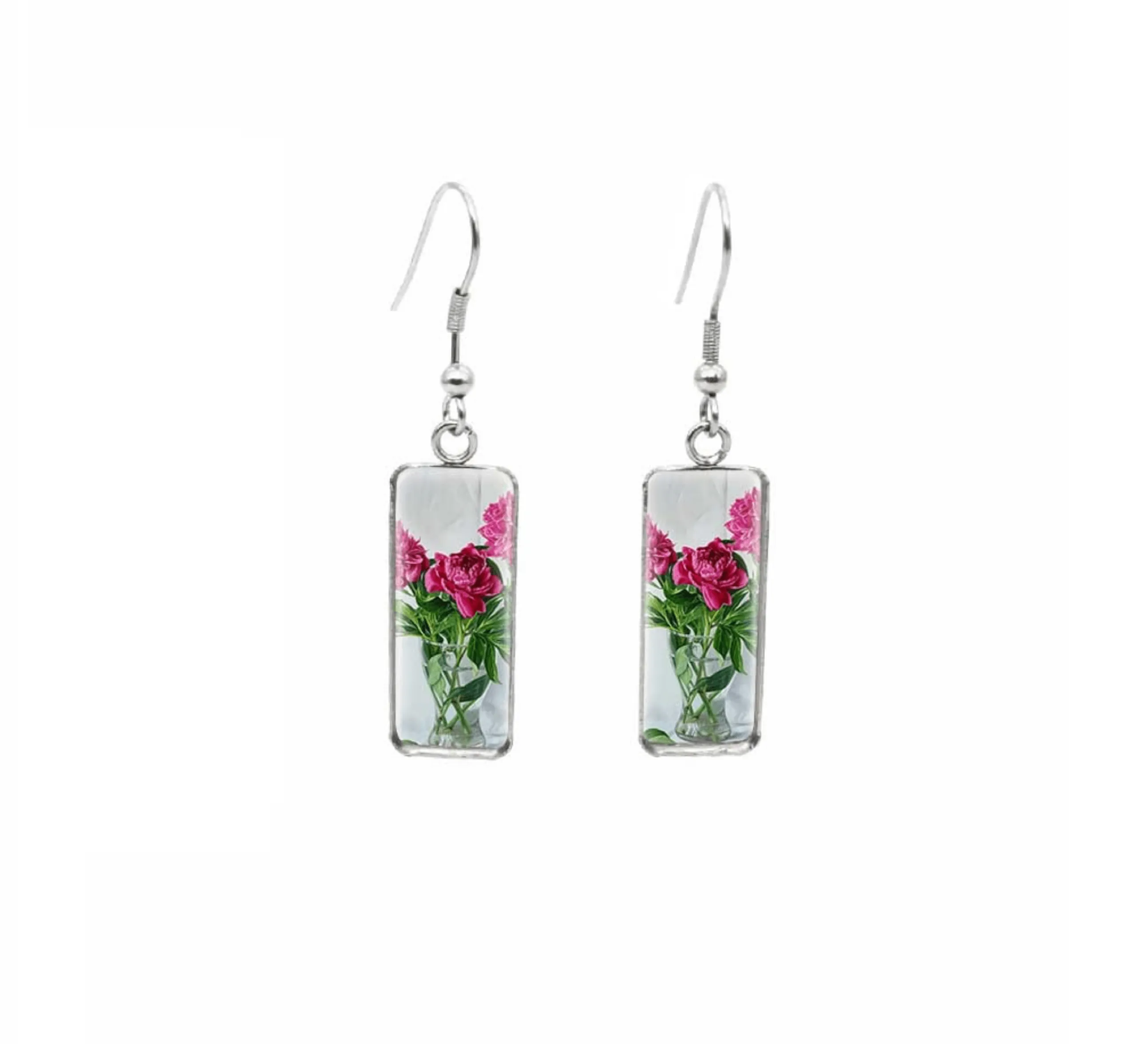 Don't AsK Rectangular Art-Print Drop Earrings – Fuchsia Roses – Lightweight Dangle Earrings for Women sold by Zulily