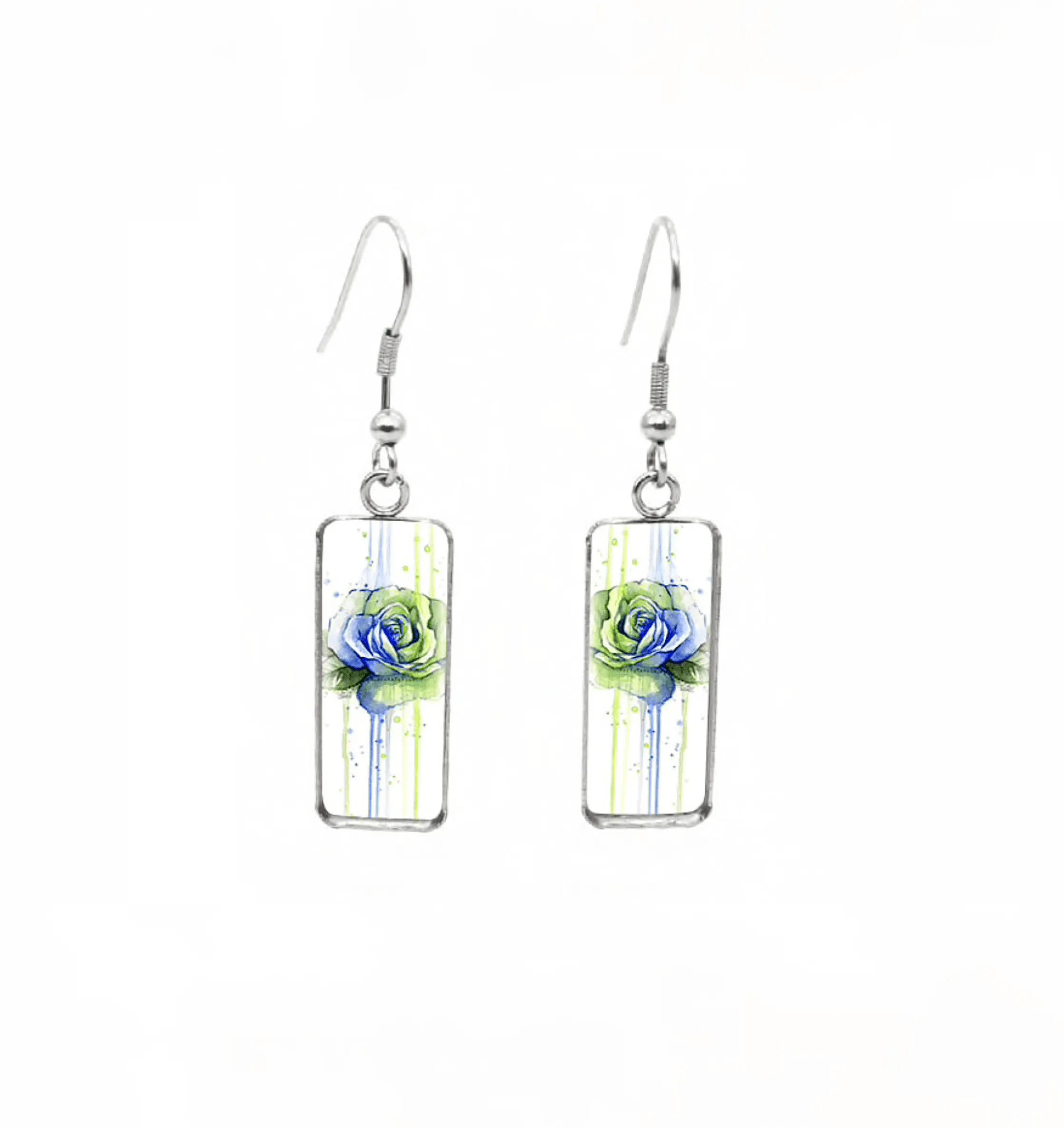 Don't AsK Rectangular Art-Print Drop Earrings – Green Blue Rose – Lightweight Dangle Earrings for Women sold by Zulily