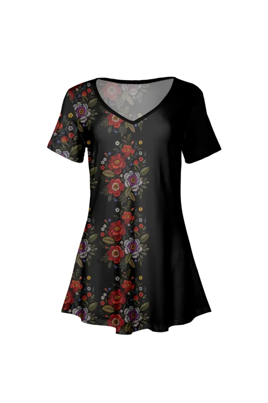 Lily by Firmiana Women's V-Neck Short Sleeve Tunic Black & Red Floral sold by Zulily