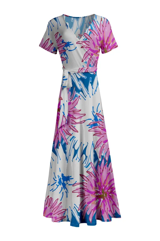 Lily by Firmiana Women's Short Sleeve Wrap-Style Maxi Dress with Tie Blue & Magenta Palm Floral sold by Zulily