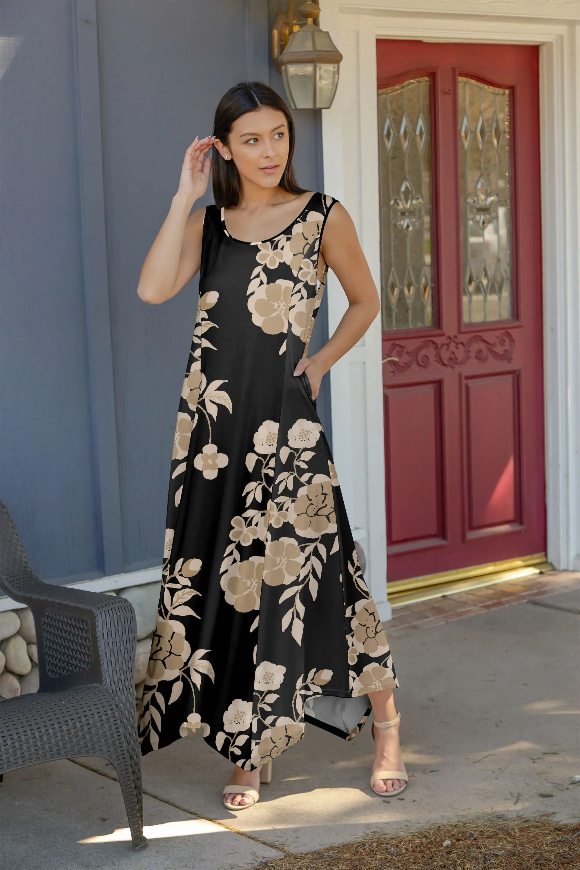 Lily by Firmiana Women's Sleeveless Fishtail Maxi Dress White & Black Brushstroke Print sold by Zulily