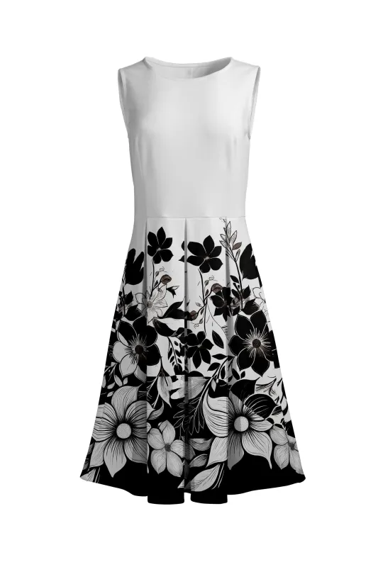 Lily by Firmiana Women's Sleeveless Dress with Pleated Skirt White & Black Floral Border sold by Zulily