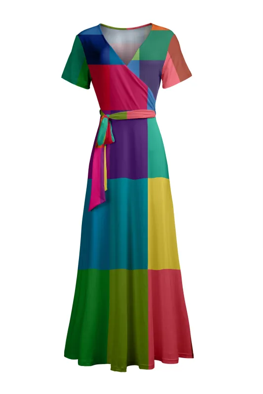 Lily by Firmiana Women's Short Sleeve Wrap-Style Maxi Dress with Tie Multicolor Block Wrap sold by Zulily